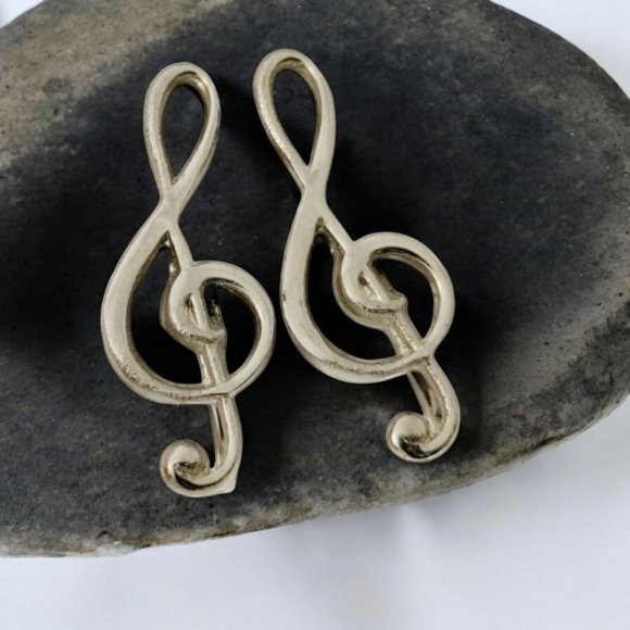 Vintage Jewelry - SILVER Treble Clef Delicate Screw-On Music Note Sterling Earrings New